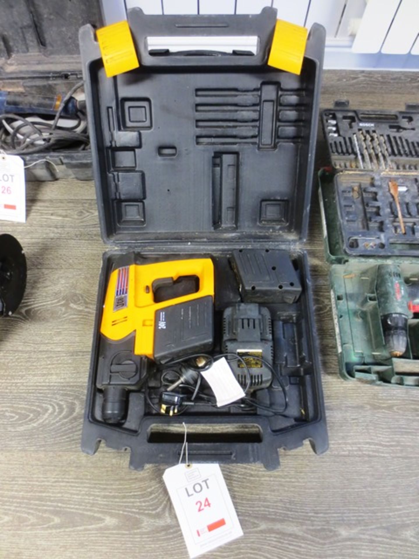 JCB 24CSDS cordless 24v SDS drill with carry case, charger and two batteries