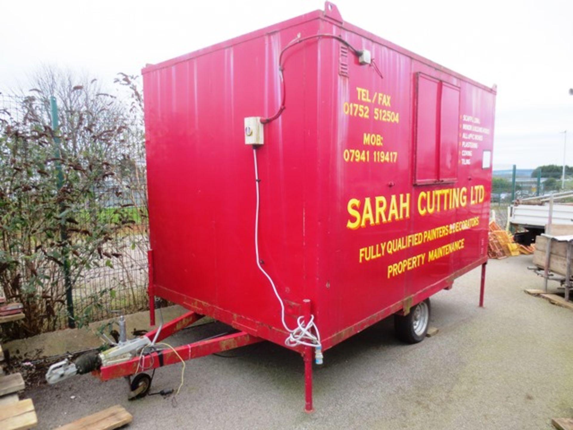 Single axle, steel framed mobile site cabin, approx 3m x 2m, with 240v power supply, serial no: