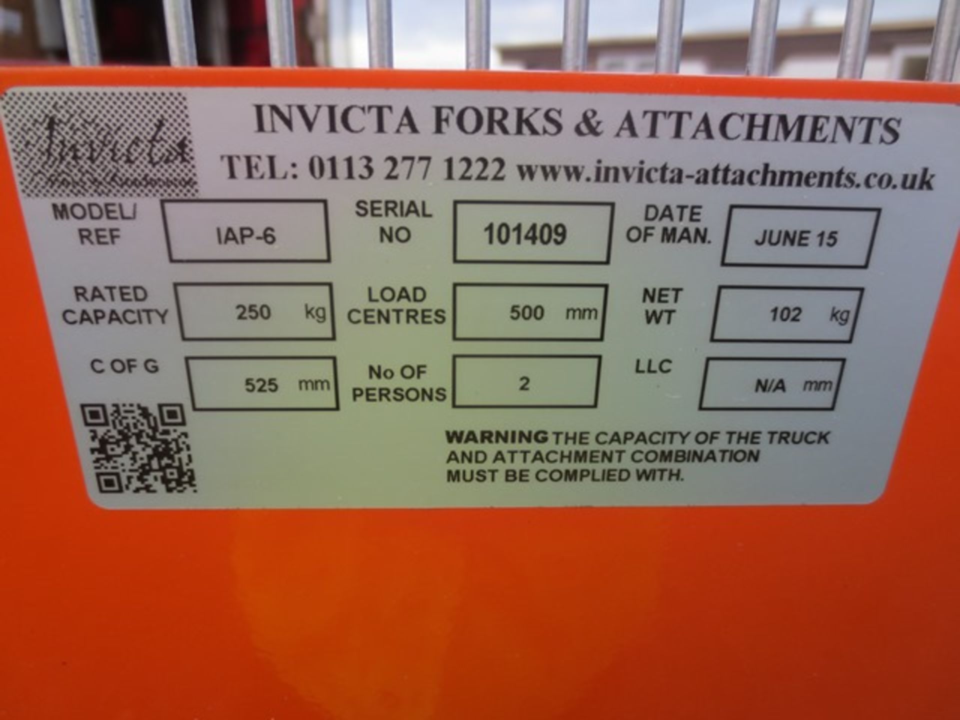 Invicta IAP-6 forklift man riding basket, Serial No: 0101409, (June 2015), 250kg capacity. NB. - Image 3 of 3
