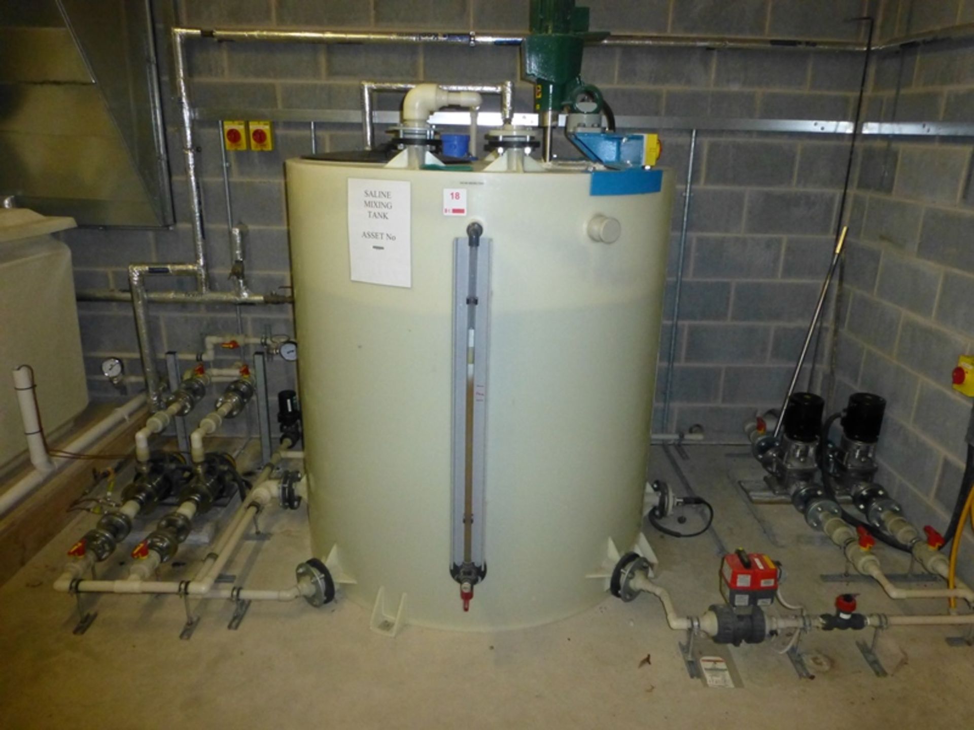 Saline mixing system including, 1.4m dia x 1.5m high GRP agitated storage tank, 2 Grundfos 137Kw 1" - Image 4 of 5