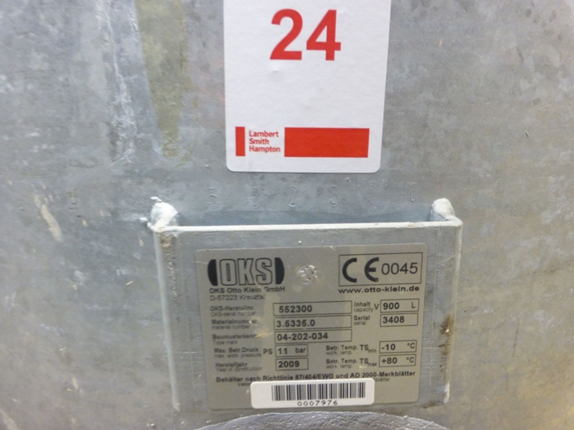 OKS 900ltr galvanised welded mild steel air receiver, s/n 3408 (2009) max pressure 11 bar, - Image 2 of 2