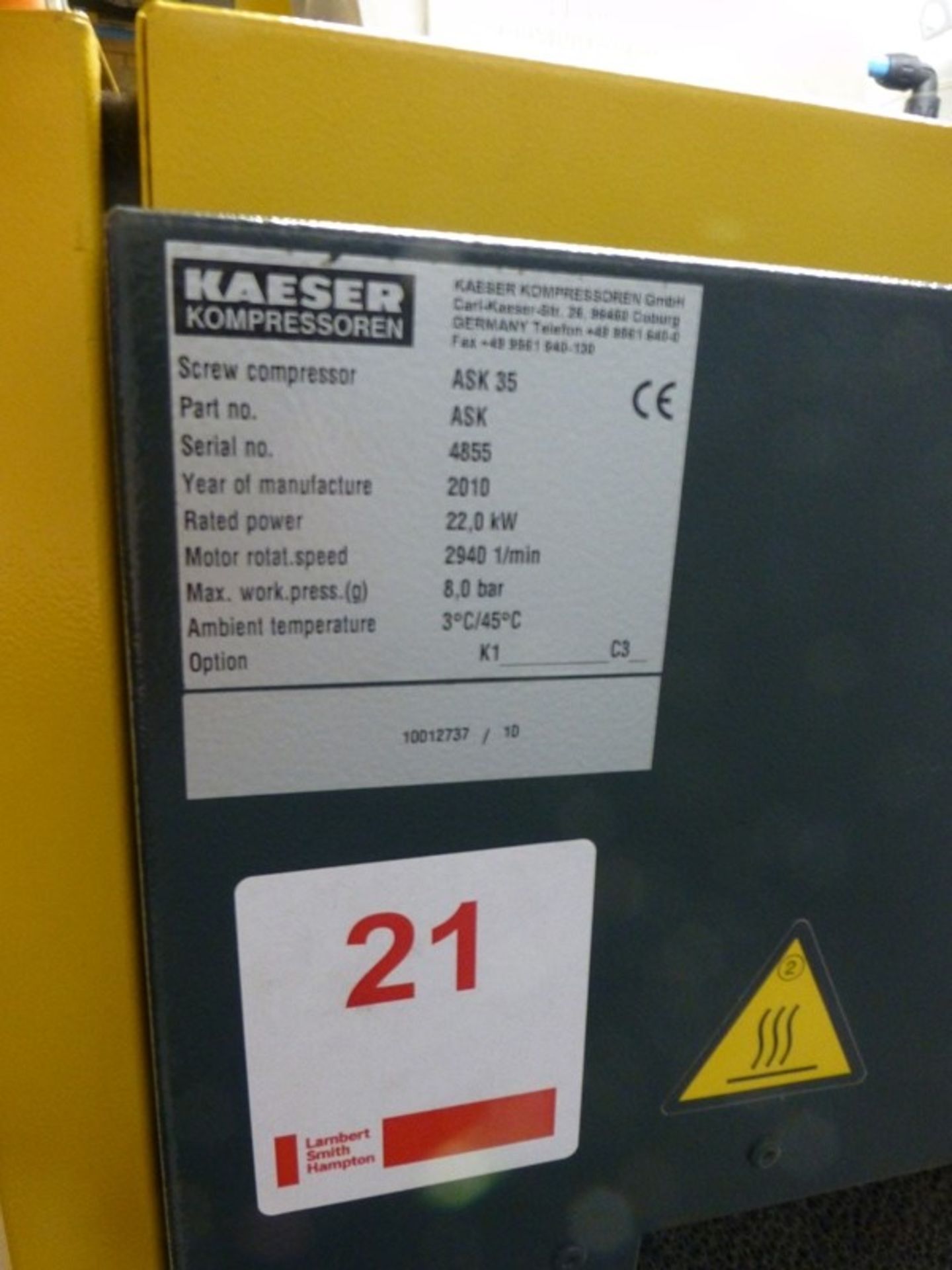 Kaeser HPC ASK35 22Kw/8 bar rotary screw compressor, s/n 4855 (2010) with indicated 8765 total run - Image 4 of 4