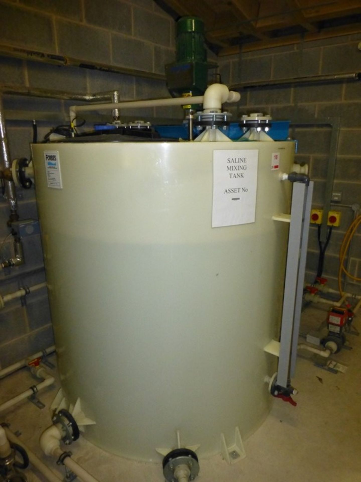 Saline mixing system including, 1.4m dia x 1.5m high GRP agitated storage tank, 2 Grundfos 137Kw 1"