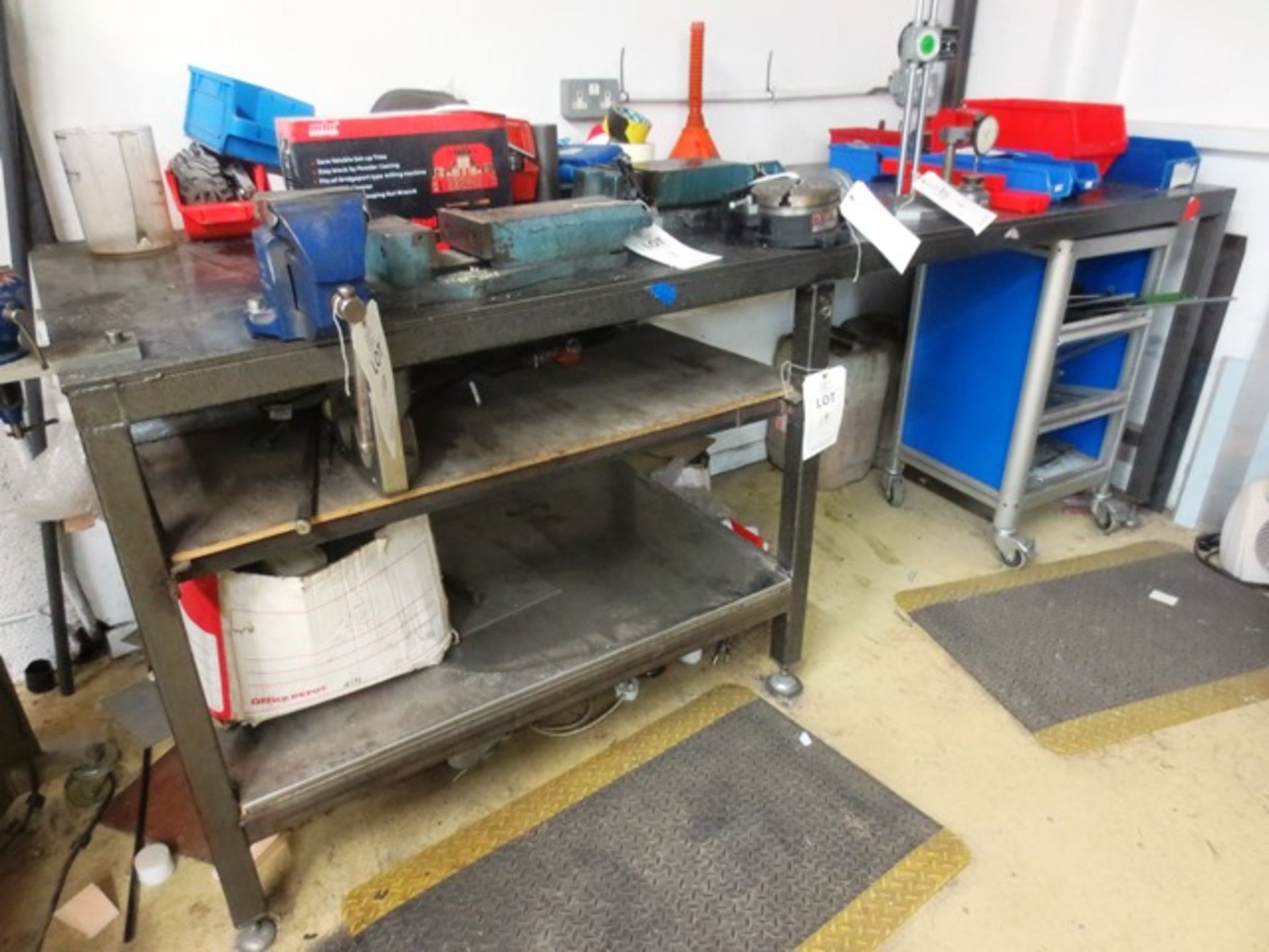 Steel framed work bench, approx 2500 x 900mm (excluding contents)