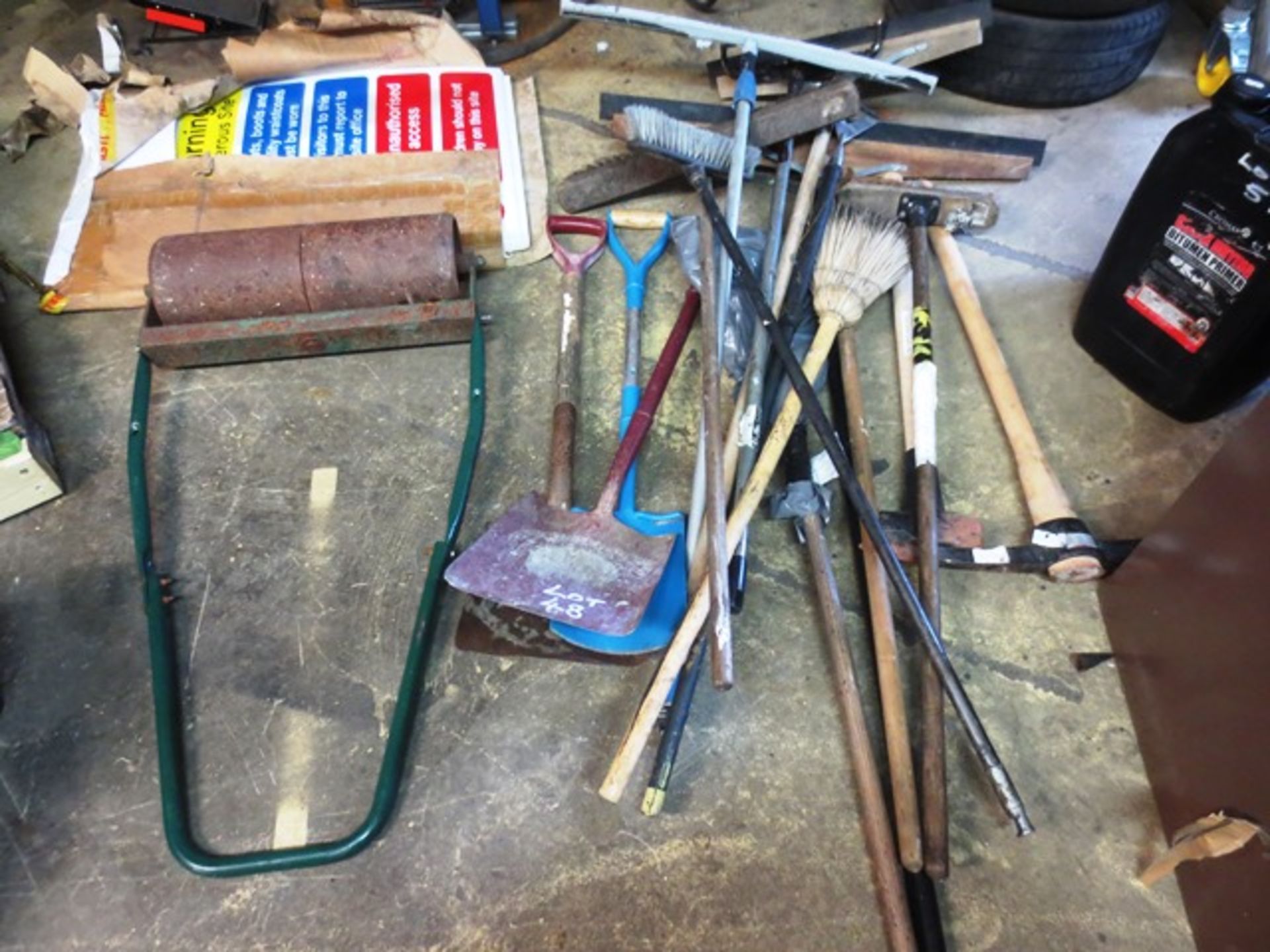 Quantity of spades, shovels, pick axes, brooms and rollers as lotted