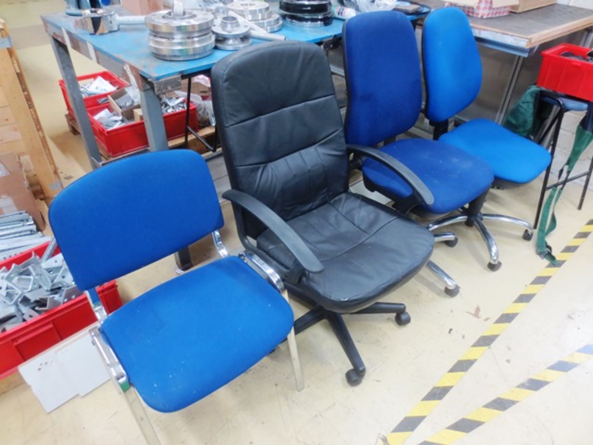 Three assorted office swivel chairs, and one cloth upholstered static chair