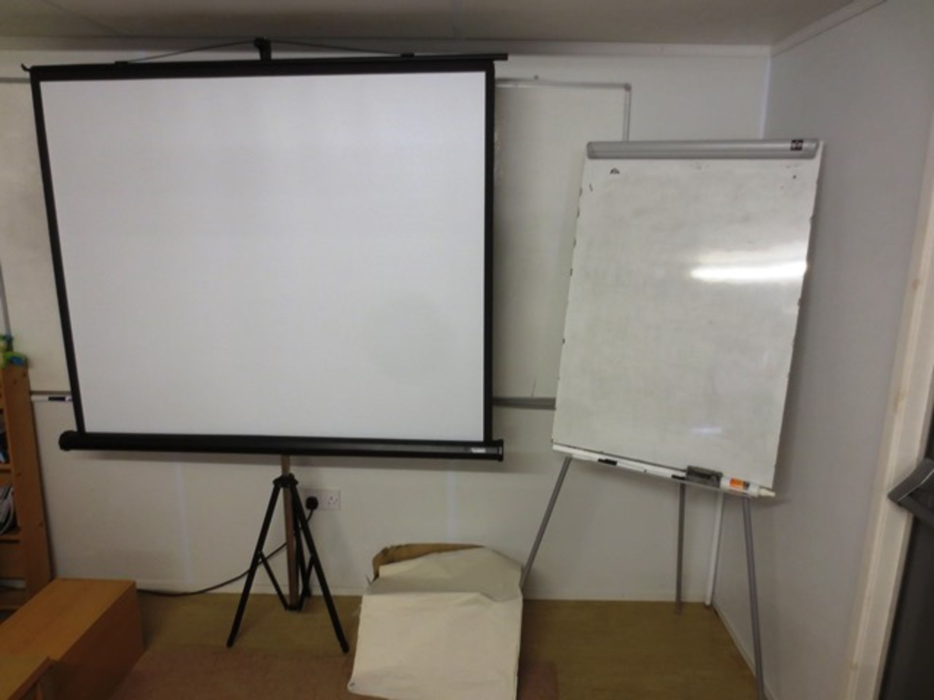 Bi-Office pull down projector screen, collapsible flip chart stand and wall mounted white board