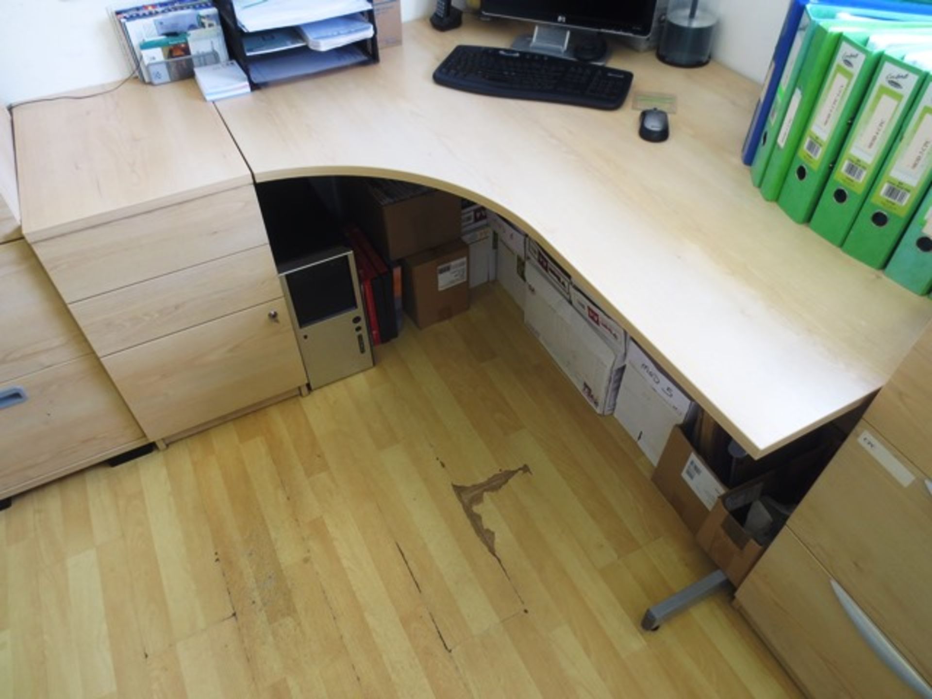 Light oak effect L shape office desk and 3 drawer pedestal unit