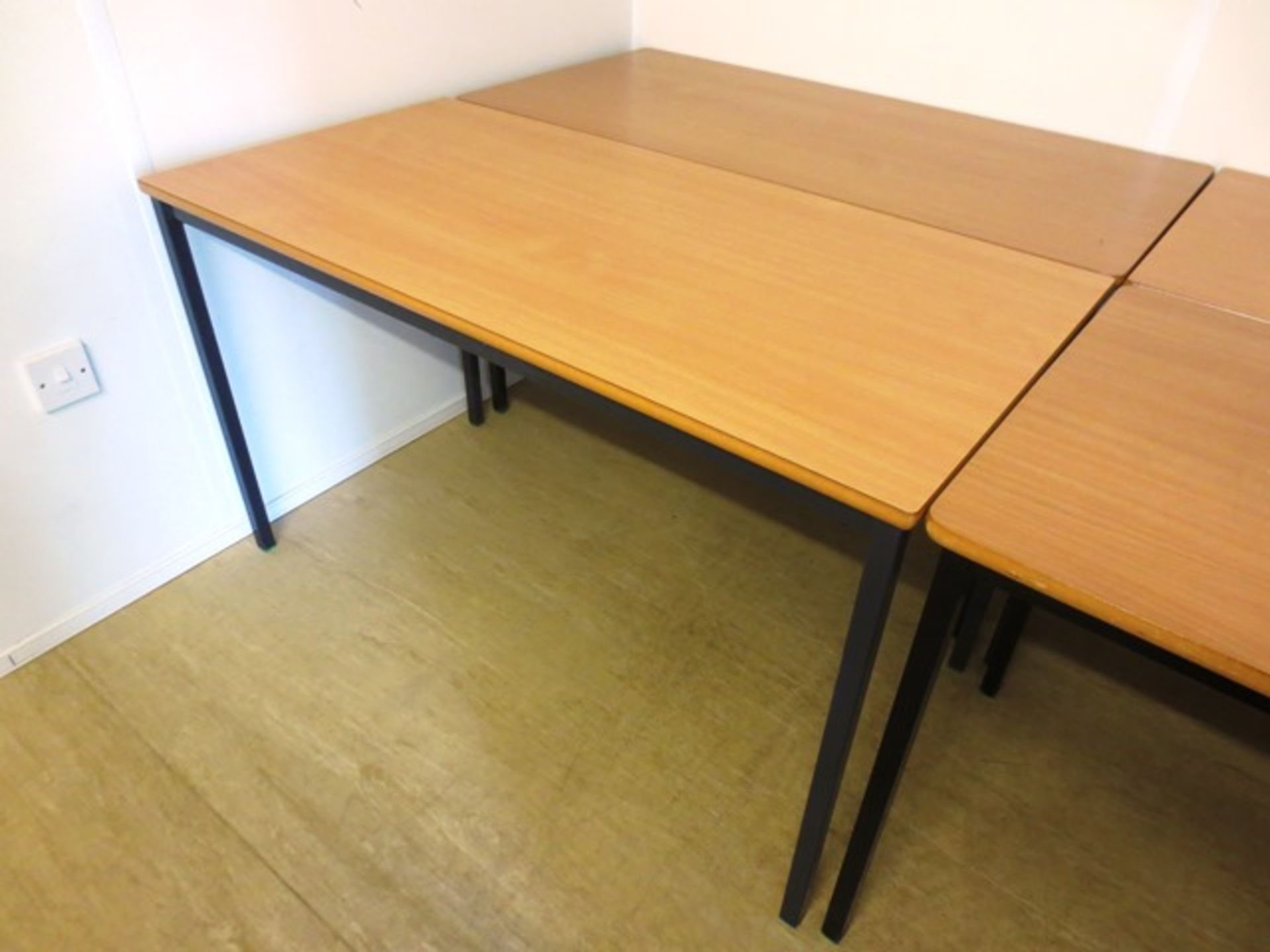 Two light oak effect, steel framed, rectangular work desks (image for illustrative purposes only)