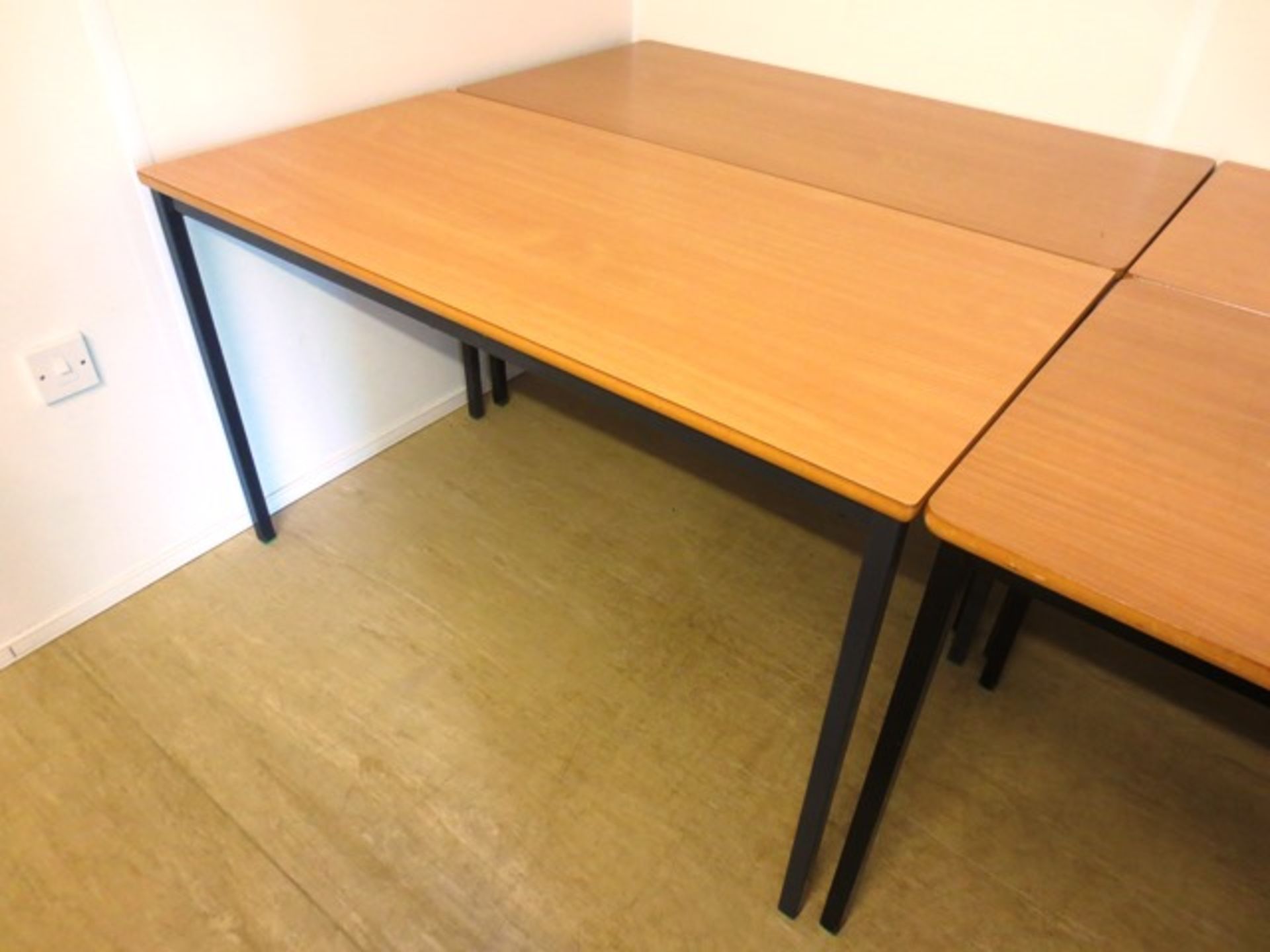 Two light oak effect, steel framed, rectangular work desks (image for illustrative purposes only)