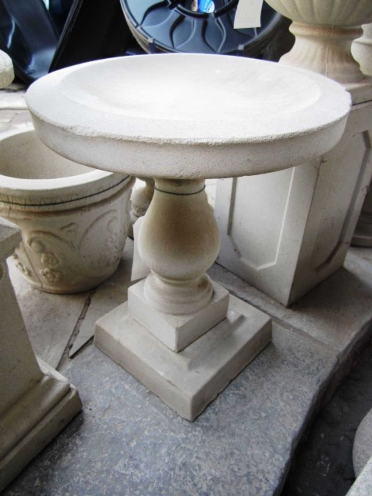 Reconstituted concrete stone 3-piece circular bird bath, plinth and base. approx. dimensions: height