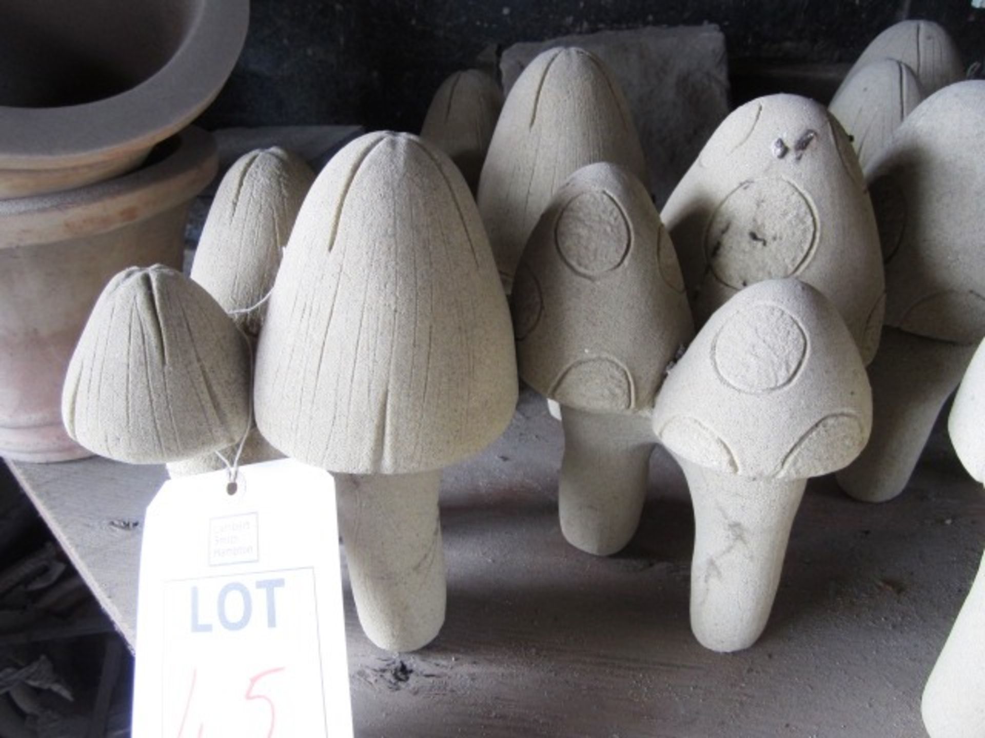 3 x reconstituted concrete stone 2-piece 3-head toadstools, approx. dimensions: height 260mm x