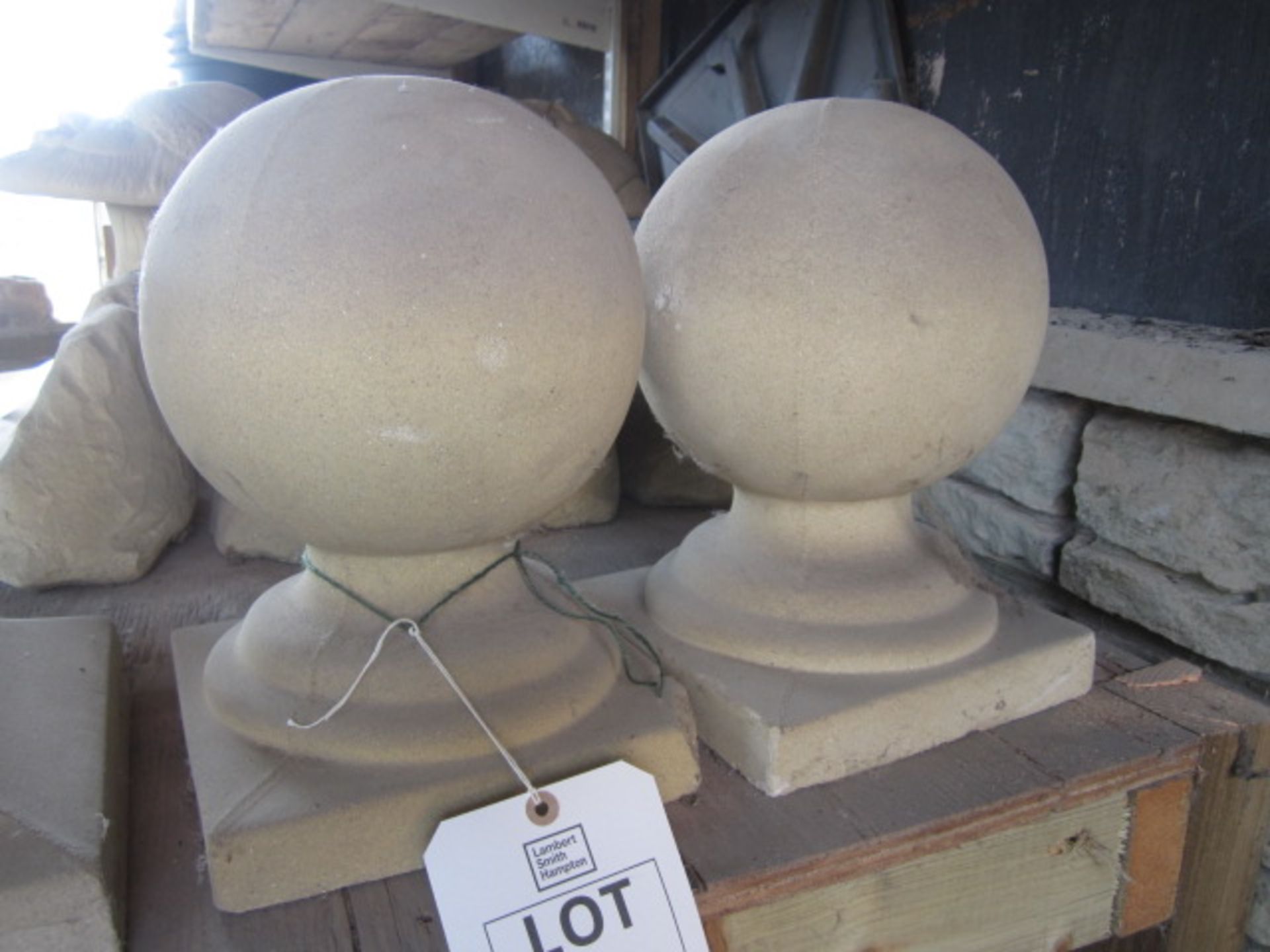 2 x reconstituted concrete stone single piece ball finials, approx. dimensions: height 340mm x