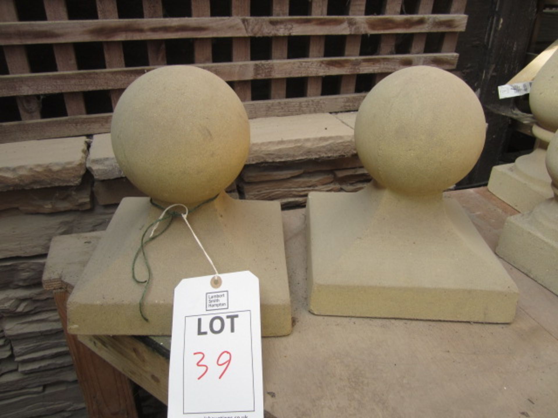 2 x reconstituted concrete stone single piece ball finials, approx. dimensions: height 320mm x