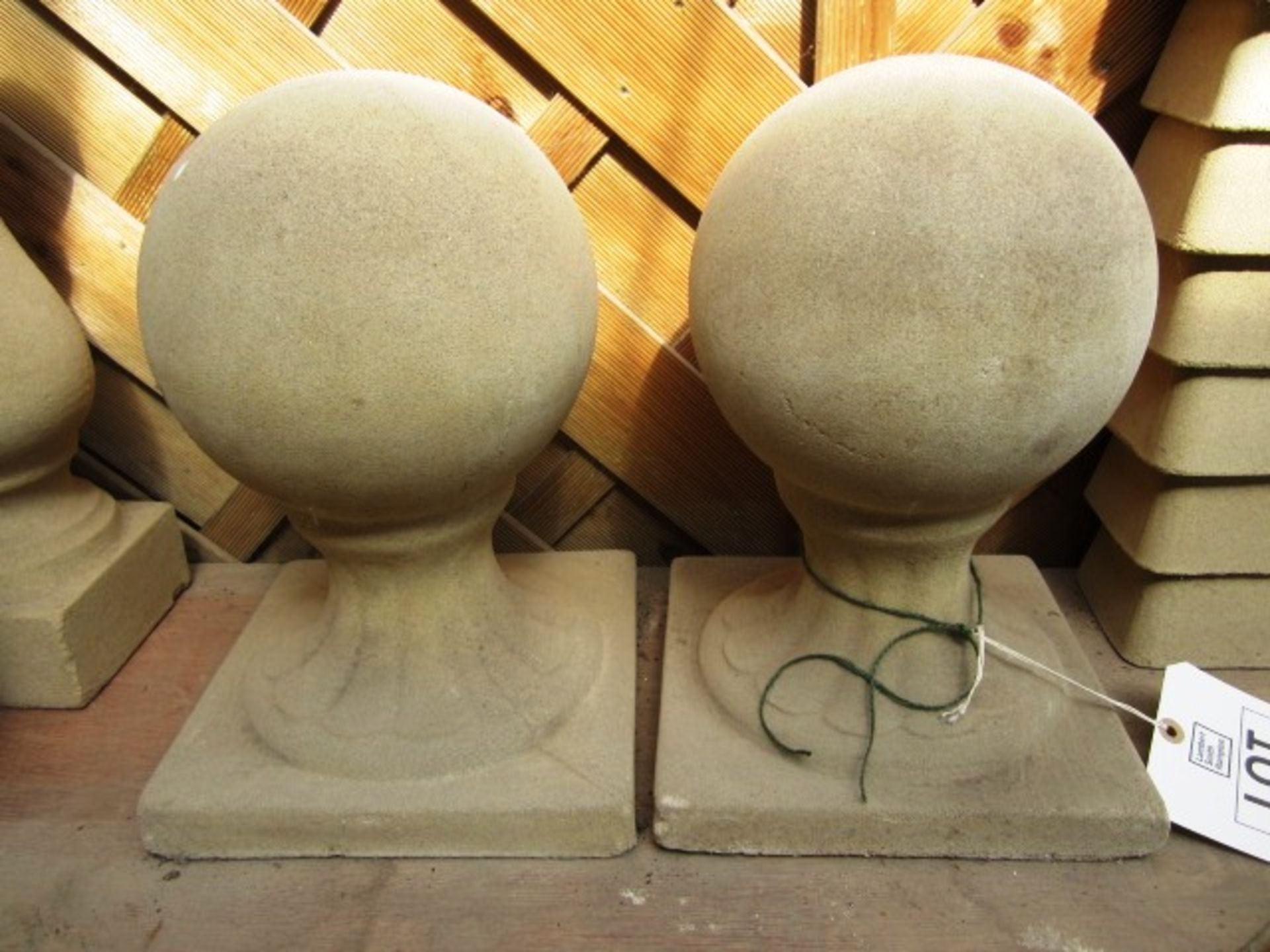 2 x reconstituted concrete stone ball finials, , approx. dimensions: height 360mm x base 230mm x