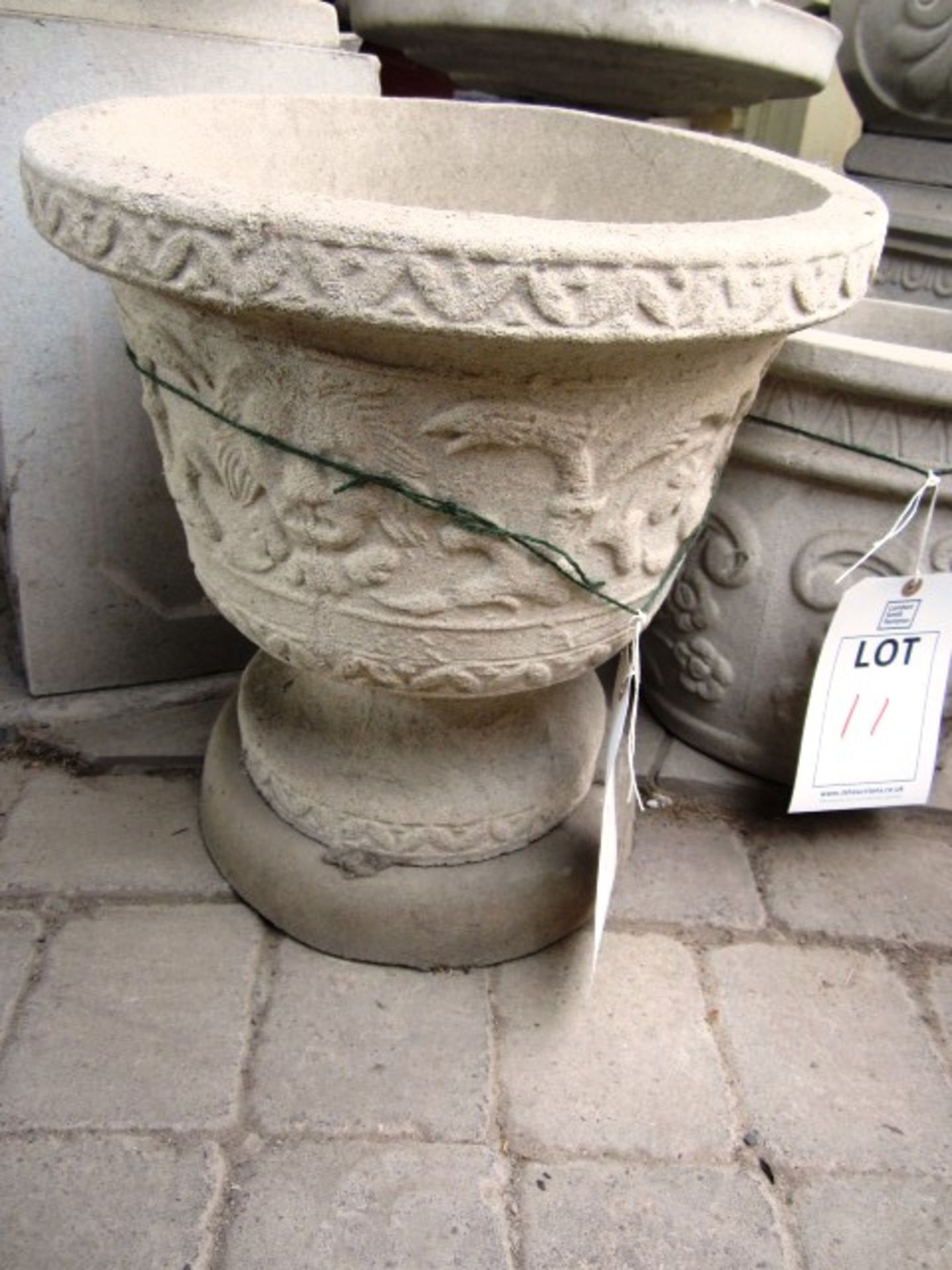 Reconstituted concrete stone circular planter, mounted on plinth. approx. dimensions: height 400mm x