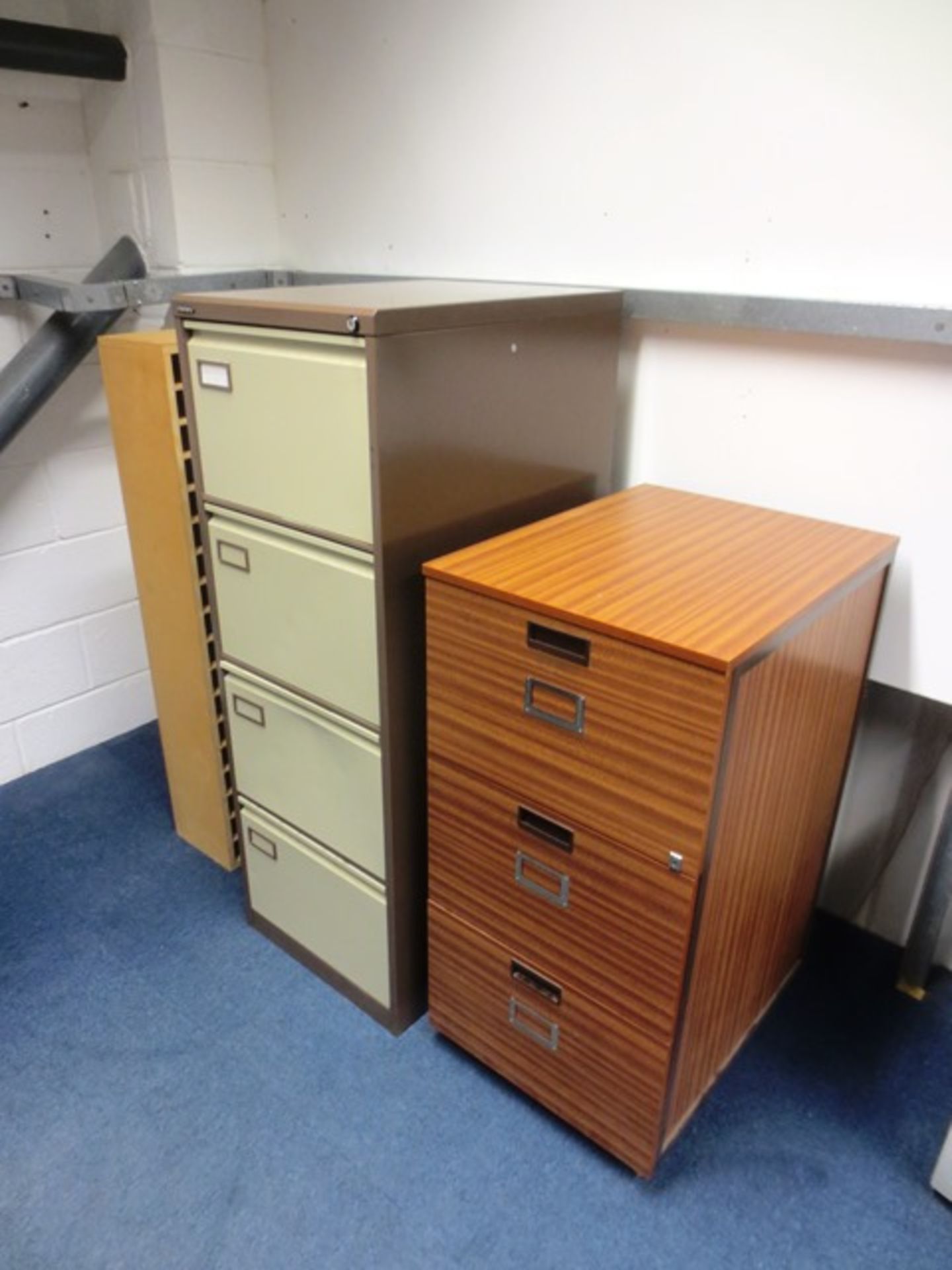 Ronco, steel 4-drawer filing cabinet, dark wood 3-drawer filing cabinet, and MDF shelving unit