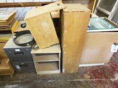 Assorted timber workshop furniture, as lotted, one single door cupboard, one box, two MDF shelving
