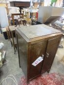 Assorted dark wood furniture including four various tables, twin door cupboard, and 3-drawer