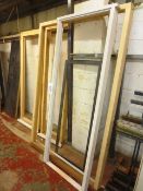 Three assorted timber window frames and door frame, approx height 2100, approx widths: 800, 1450,