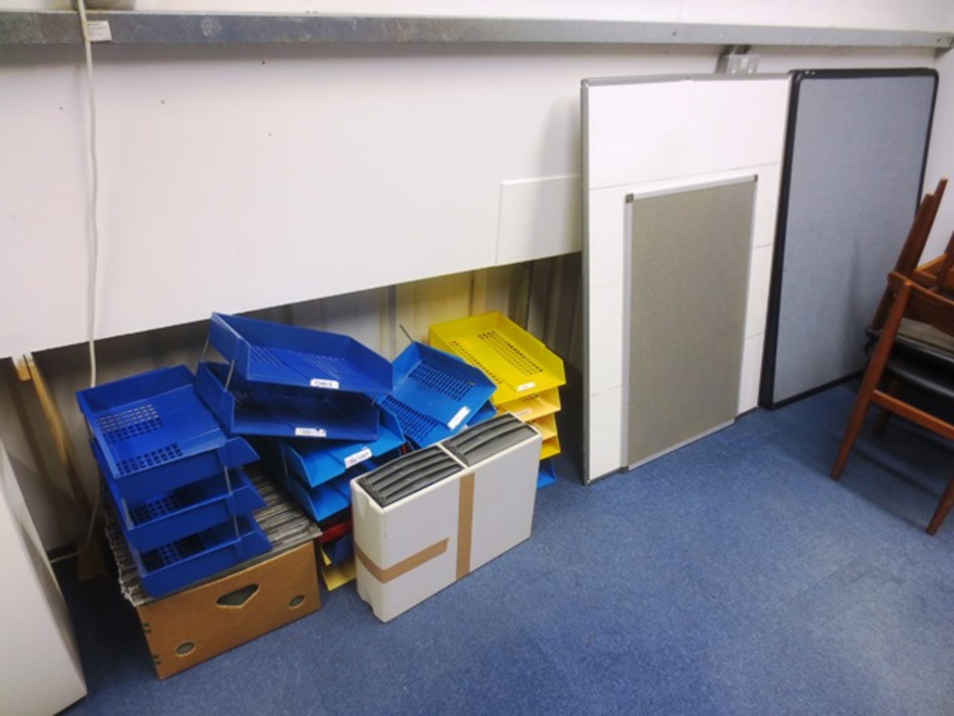 Four assorted notice/white boards, and a quantity of plastic file trays