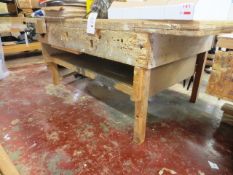 Two timber frame workbenches, approx 1220 x 2440 and 3800 x 1000, with mounted vice (Please note: