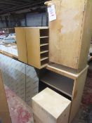 Assorted timber workshop furniture, as lotted, one single door cupboard, one box, two MDF shelving