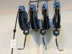 2 x Orion 4 reel wall mounted extendable water/oil dispensors c/w 6 Orion digital volume meters. *