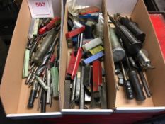 Assorted drills, end mills, lathe tools, grease dispensers, etc., as lotted, in three boxes