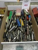 Quantity of assorted HSS threaded and reduced shank drill bits and other tools in five boxes