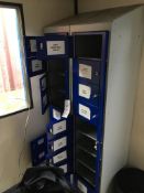 Three steel 10 personal mini locker cabinets, and one matching single door dirty overall cupboard,