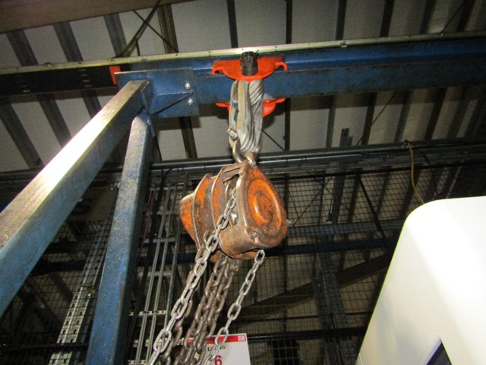 Mobile steel frame gantry type crane, approx 3 x 3m, fitted 2 ton chain block. (Please note: A - Image 2 of 6