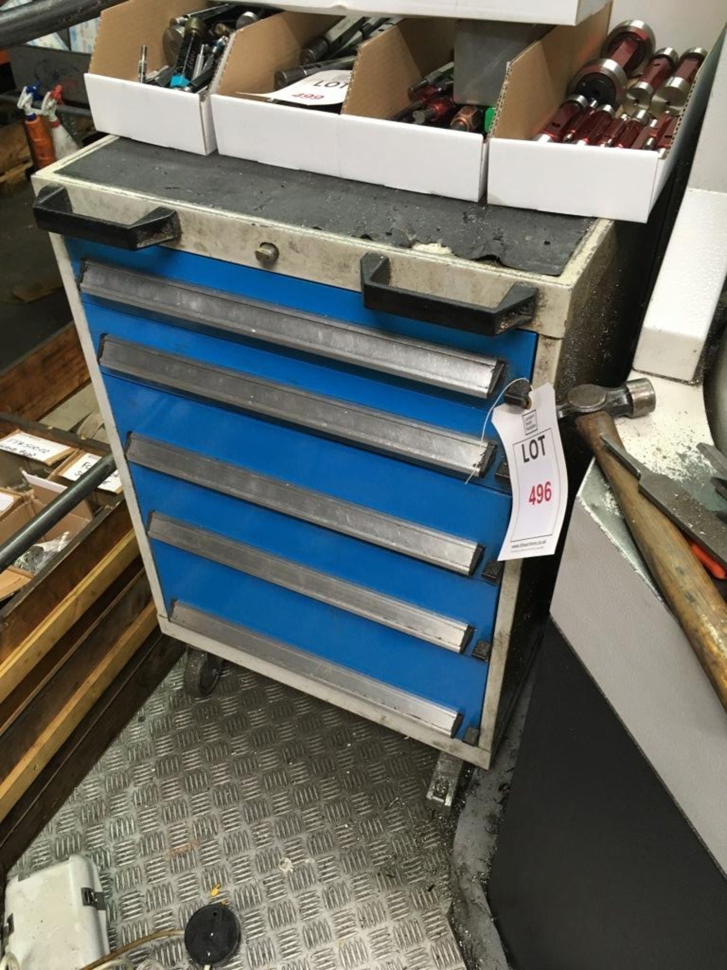 Mobile steel five roller drawer tooling cabinet, blue/grey