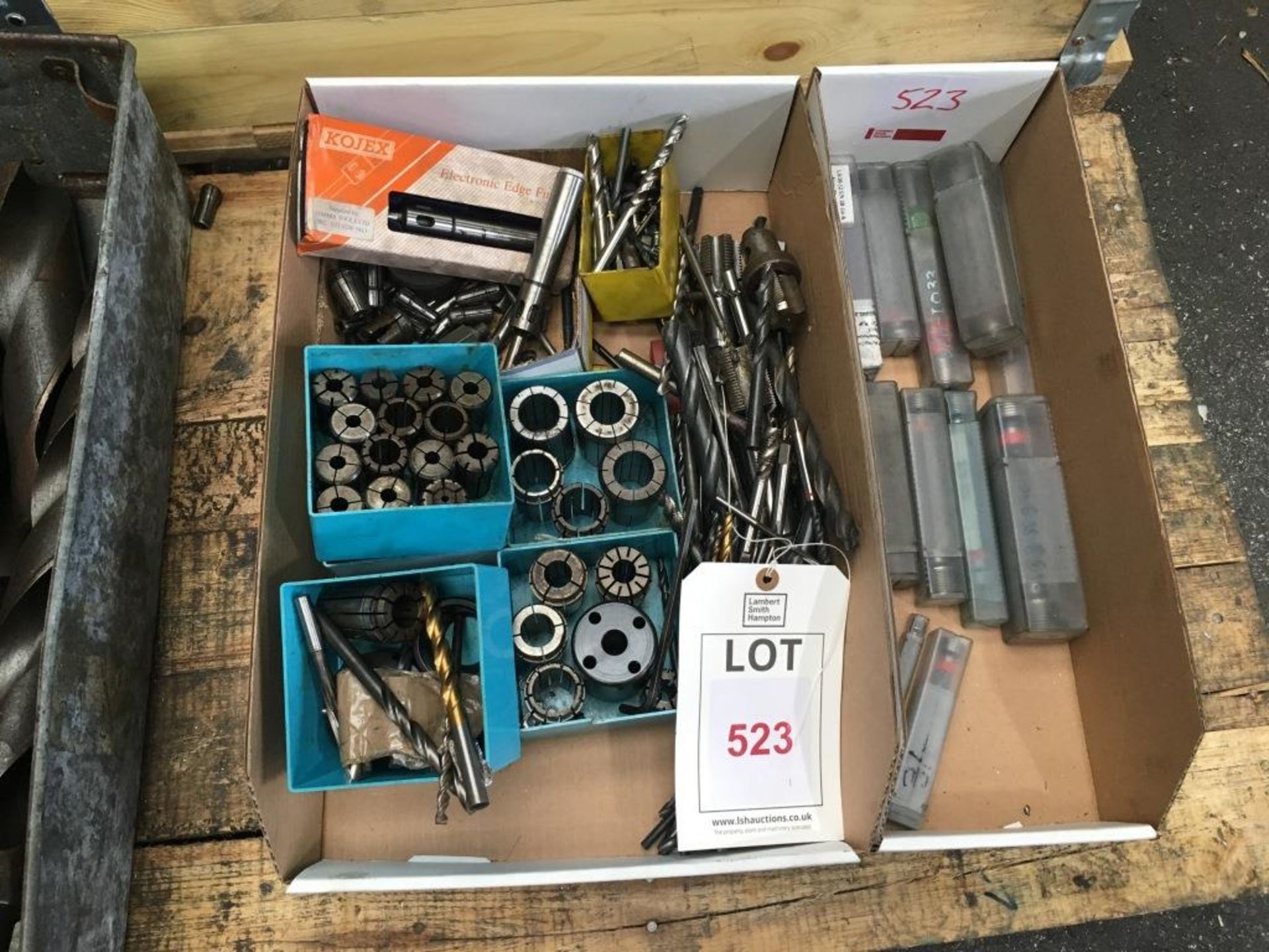 Assorted HSS twist drills, taps, collets, etc., as lotted, in two boxes