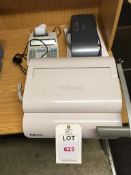 A Fellows Pulsar 300 document binder, an Aurora PR720 printing calculator and a Fellowes laminator