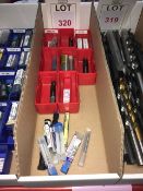 Quantity of assorted HSS machine taps, and other tools (boxed/unused), in two boxes