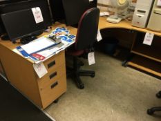 Two wood veneer desks, a desk extension, two desk height 3-drawer pedestals, two red fabric