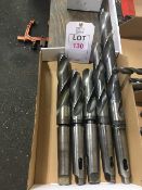 Five large dia HSS twist drills with taper shank drill sleeves