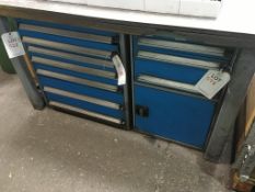 Two engineer's roller drawer tool cabinets, with bench, blue/grey