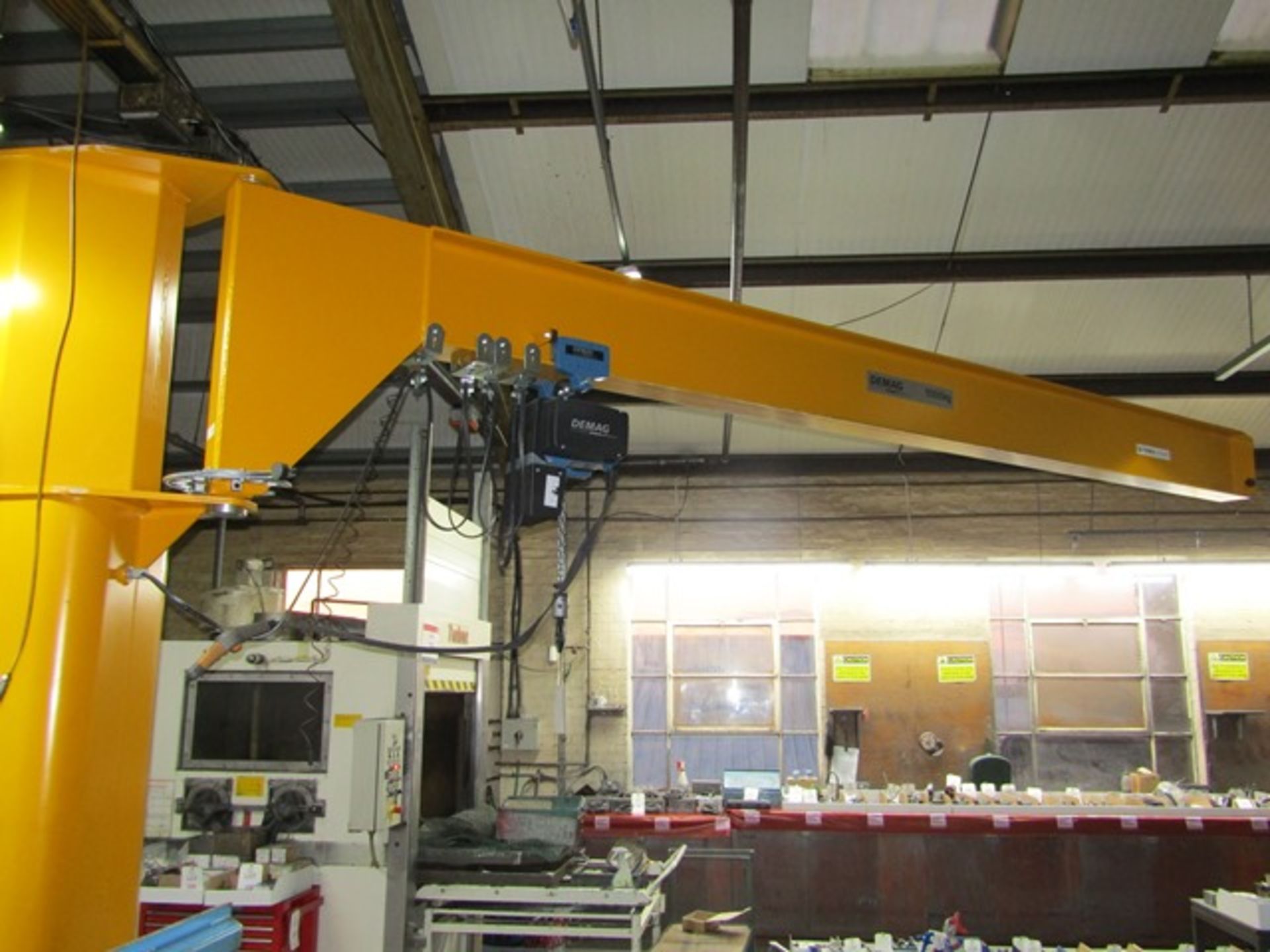 Demag 1000kg heavy duty pillar jib arm crane, approx swing 6m, fitted Demag 1000kg, electric chain