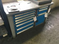 Two engineer's roller drawer tool cabinets, with bench, blue/grey