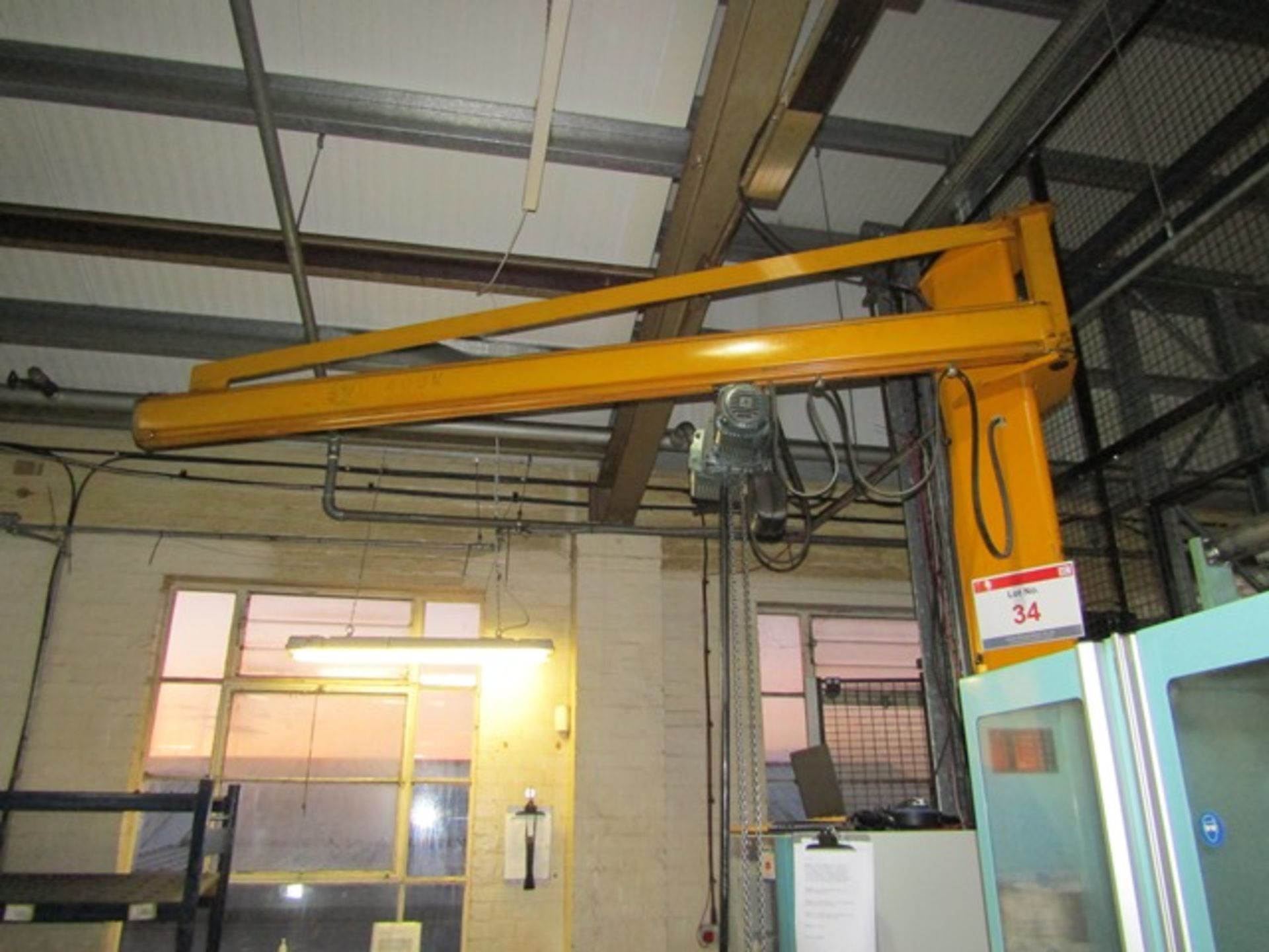 Demag 1000kg pillar jib arm crane, approx swing 3m, fitted Demag 1000kg, electric chain hoist,