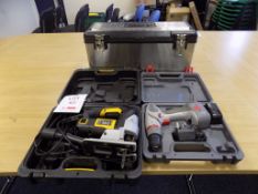 JCB JS650L jigsaw, serial No 201020002668, with case, PERFORMANCE POWER cordless drill, with battery