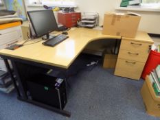 3 Oak effect workstation, 1600mm, with 3 matching three drawer desk height pedestal, double door