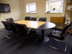 Beech effect/black boardroom table, 3000mm x 1100mm, with 8 black leatherette cantilever chrome