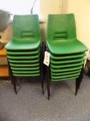 16 Green stacking polypropylene chairs, with 6 black folding chairs
