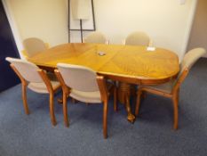 Oak effect oval meeting table, 2000mm x 1070mm, 7 tweed upholstered wood framed side chairs and