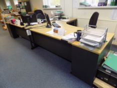 2 workstations, 1600mm, with 2 three drawer desk height pedestal and cantilever table, 1200mm. 2 Oak