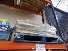 Disassembled and palletised quantity of various retail galvanised shelving and display units...