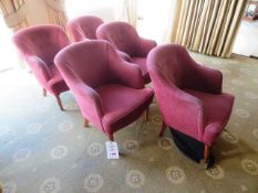 Four red cloth upholstered tub chairs (Please note: Requires repair)
